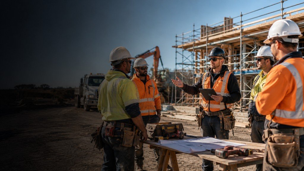 Crew briefing with tablet on construction site